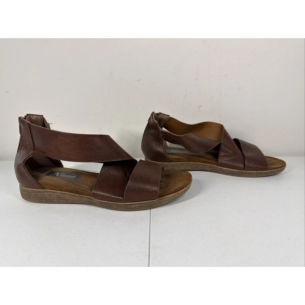 Natural Reflections Sinsee Wedge Sandals Women's 9 Whiskey Brown Faux‎ Leather